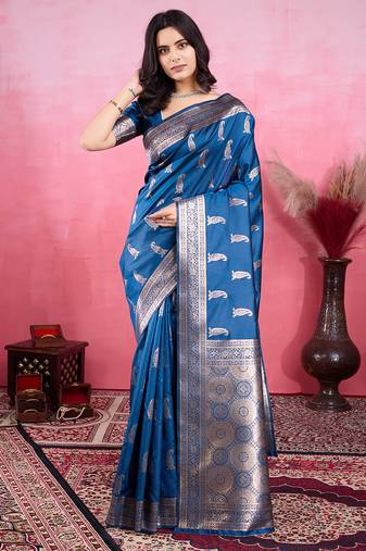 blue zari woven all over motifs saree