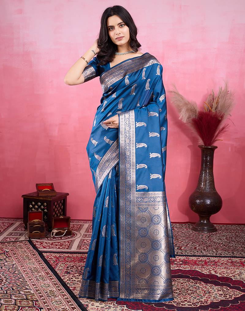 blue zari woven all over motifs saree