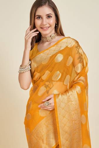 yellow soft organza intricate zari weaving saree