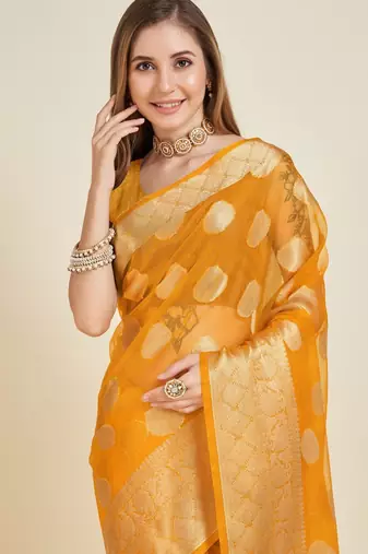 yellow soft organza intricate zari weaving saree