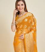yellow soft organza intricate zari weaving saree