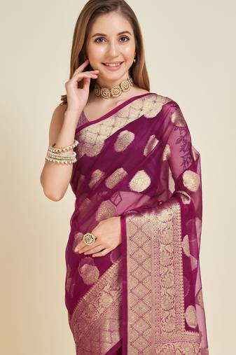 magenta soft organza intricate zari weaving saree