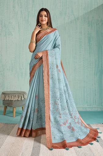 blue floral digital print silk blend saree with tassel