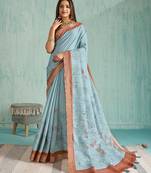 blue floral digital print silk blend saree with tassel