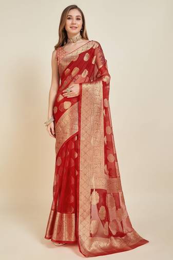 red soft organza intricate zari weaving saree