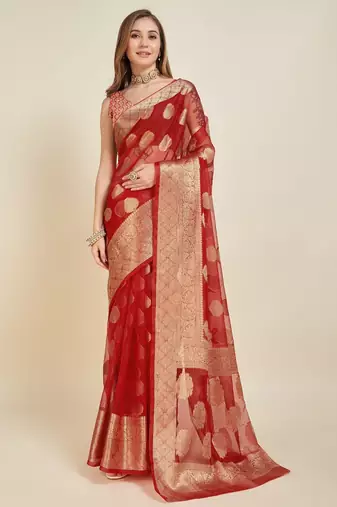 red soft organza intricate zari weaving saree