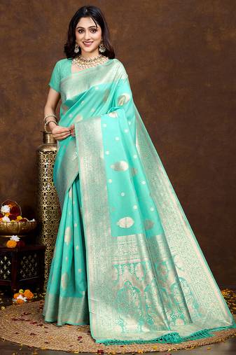 sea green banarasi silk blend saree with intricate zari weaving