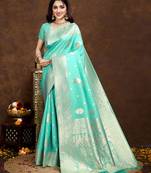 sea green banarasi silk blend saree with intricate zari weaving