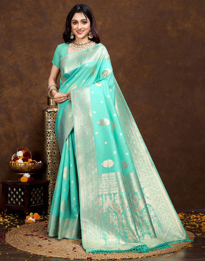 sea green banarasi silk blend saree with intricate zari weaving