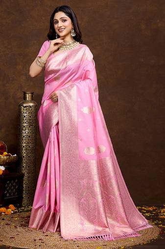 pink banarasi silk blend saree with intricate zari weaving