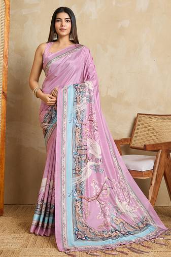 pink digital printed crackle silk blend saree