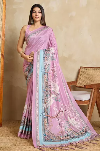 pink digital printed crackle silk blend saree