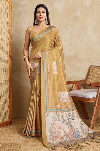 mustard digital printed crackle silk blend saree