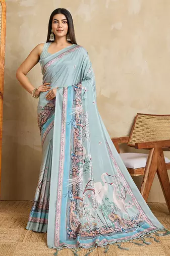 grey digital printed crackle silk blend saree