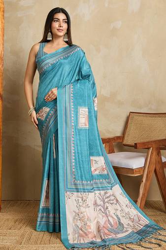 blue digital printed crackle silk blend saree