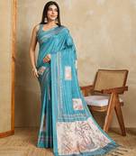 blue digital printed crackle silk blend saree