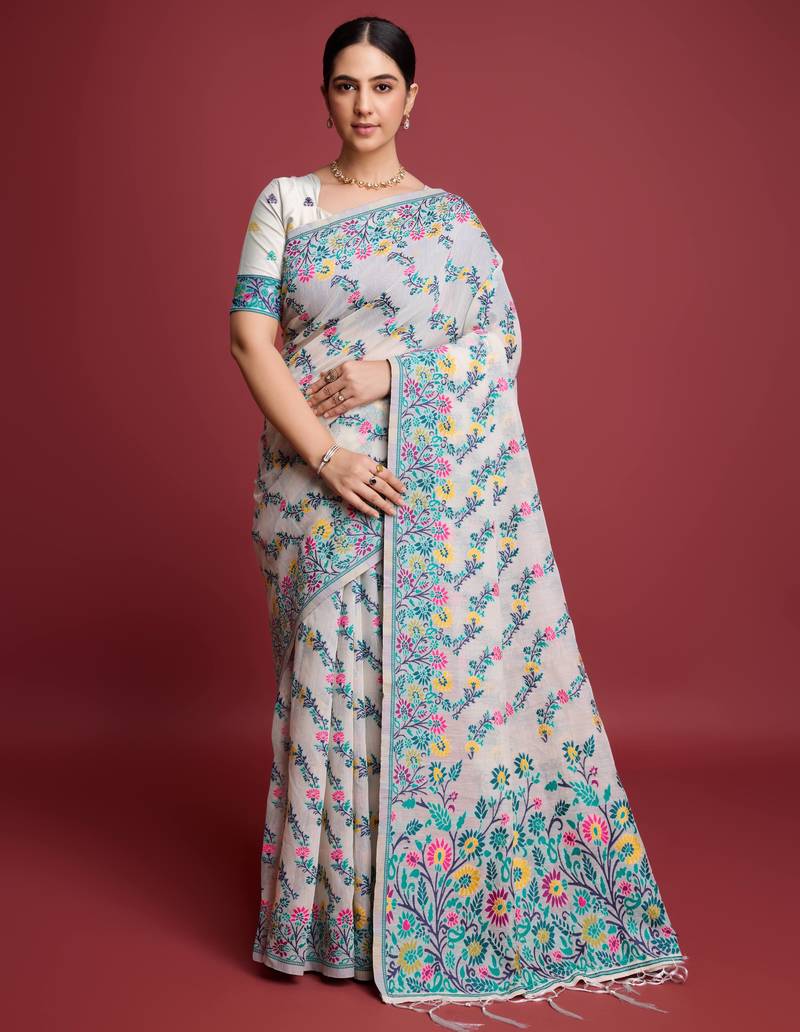 green heavy jacquard saree with weaving pallu