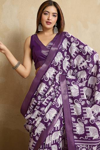 purple silk blend elephant print saree with jacquard zari border