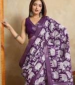 purple silk blend elephant print saree with jacquard zari border
