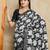black silk blend elephant print saree with jacquard zari border
