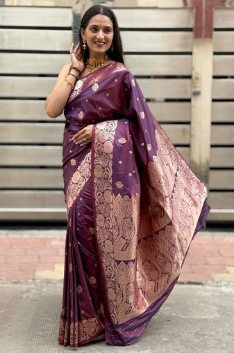 purple banarasi silk blend intricate self weave saree