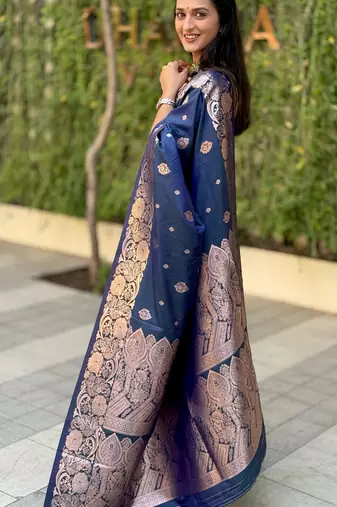 navy blue banarasi silk blend intricate self weave saree