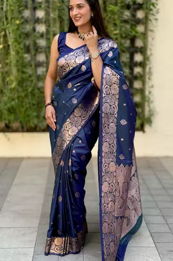navy blue banarasi silk blend intricate self weave saree