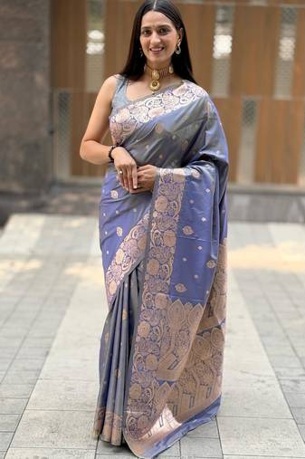 grey banarasi silk blend intricate self weave saree