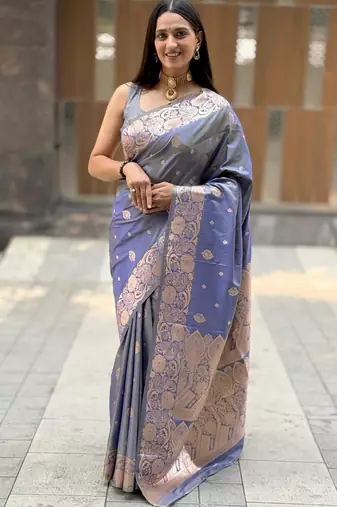 grey banarasi silk blend intricate self weave saree