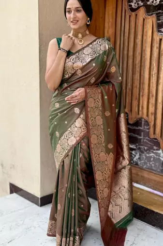 green banarasi silk blend intricate self weave saree