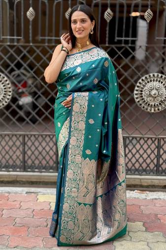 blue banarasi silk blend intricate self weave saree