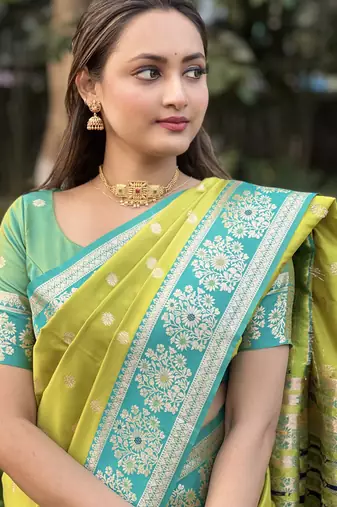 green silk blend gold zari meenakari weaving saree