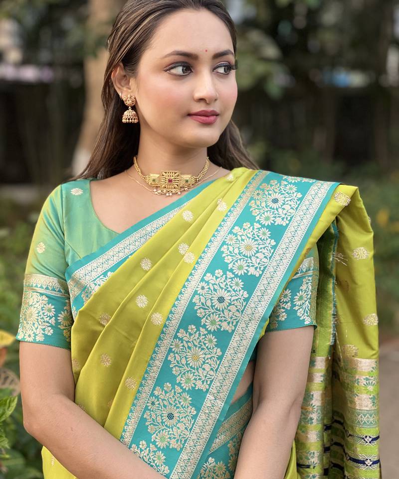 green silk blend gold zari meenakari weaving saree
