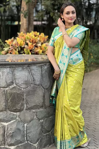 green silk blend gold zari meenakari weaving saree