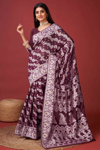 magenta jacquard saree with all over work pallu