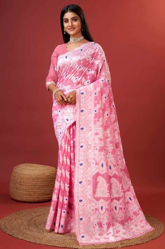 pink jacquard saree with all over work pallu
