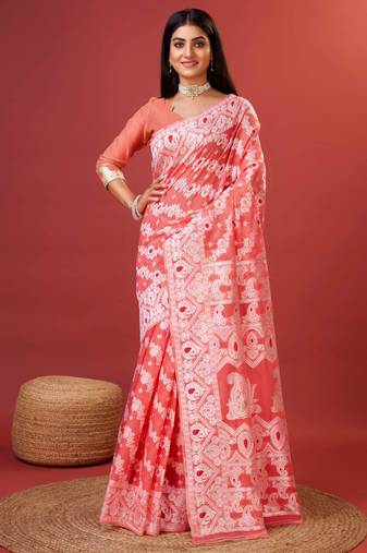 peach jacquard saree with all over work pallu