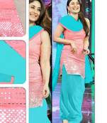 Pink and Sky blue embroidered cotton semi stitched salwar with dupatta