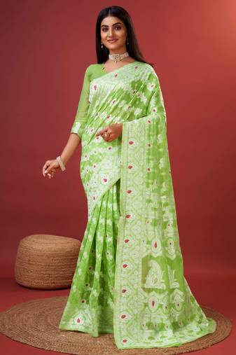green jacquard saree with all over work pallu