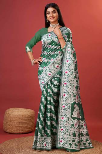 green jacquard saree with all over work pallu
