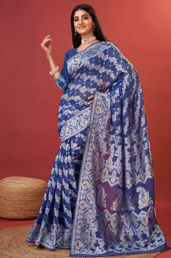blue jacquard saree with all over work pallu