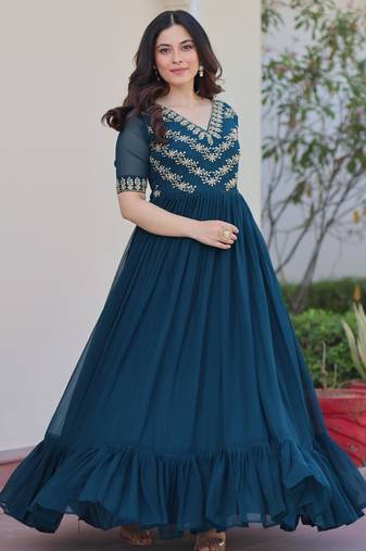 Rama georgette sequins multithreaded bead embroidered ruffle flared gown