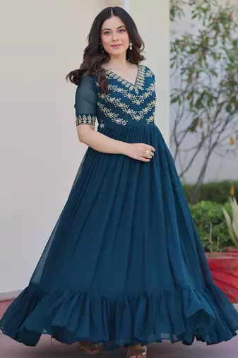 Rama georgette sequins multithreaded bead embroidered ruffle flared gown