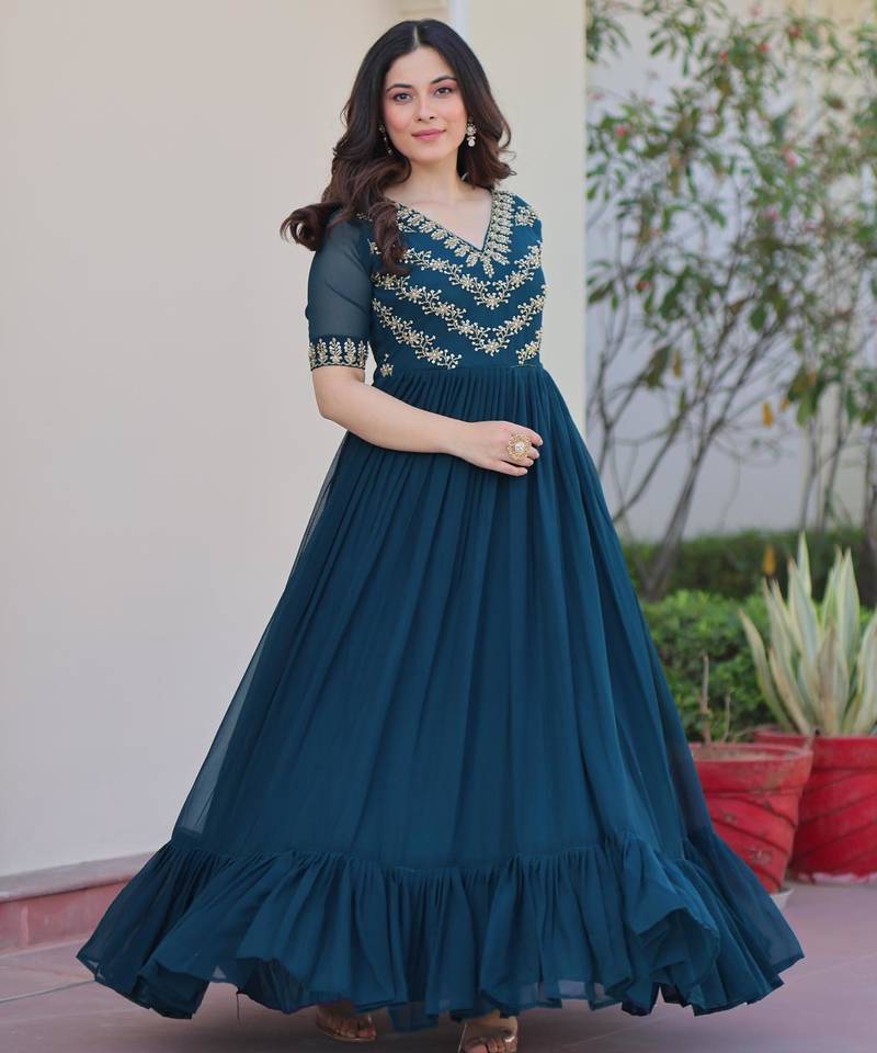 Rama georgette sequins multithreaded bead embroidered ruffle flared gown