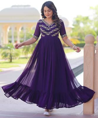 Purple georgette sequins multithreaded bead embroidered ruffle flared gown 1