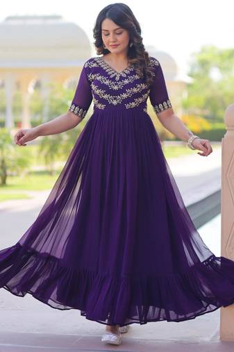 Purple georgette sequins multithreaded bead embroidered ruffle flared gown