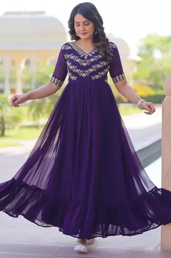 Purple georgette sequins multithreaded bead embroidered ruffle flared gown