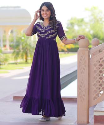 Purple georgette sequins multithreaded bead embroidered ruffle flared gown 4