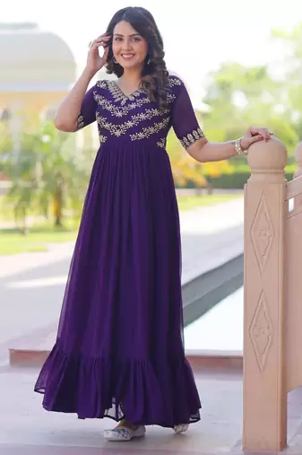 Purple georgette sequins multithreaded bead embroidered ruffle flared gown
