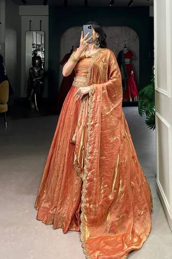 Luxurious Gold Silk Lehenga with Embroidered Dupatta